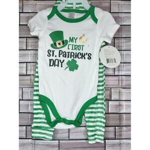 New Baby Kiss 6-9 Months 3‎ Piece Outfit My 1st St. Patrick's Green White Cap